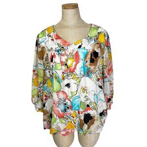 Covington blouse women's L white pink brown floral scoop neck loose fit